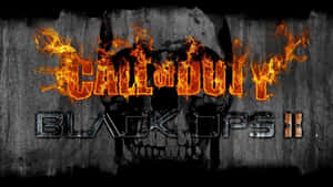 Call of Duty Black Ops II 標誌，帶有火焰文字和骷髏在混凝土上。