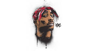 Tupac Shakur的肖像，配有紅色頭巾和滴落的黑色墨水插圖。 — 藝術 壁紙