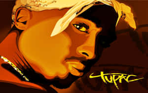 Tupac Shakur 肖像，配以頭巾和金鏈，採用溫暖色調。