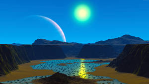 外星峽谷，發光的太陽和彩虹月亮在藍色湖泊上方。