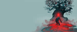在奇幻遊戲場景中，一名戰士接近一棵帶有發光紅色傳送門的神秘樹木。