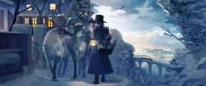 一位旅行者與馴鹿在黃昏時分提著燈籠走過白雪覆蓋的村莊。