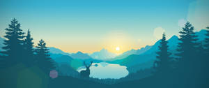 一隻鹿在日落時分在湖邊形成剪影，背景有山和松樹。
