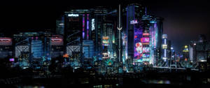 未來城市夜景，閃爍的摩天大樓和全息廣告。