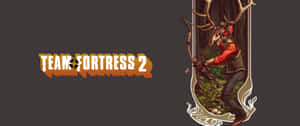 身穿紅色背心的鹿頭弓箭手在帶有 Team Fortress 2 標誌的裝飾框架中拉弓。 — 2560x1080 壁紙