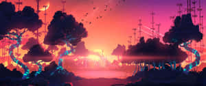 新月粉橙色日落天空下，發光樹根的外星森林。 — 森林景色 壁紙