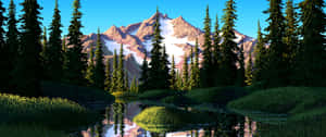積雪的山峰倒映在平靜的湖中，四周環繞著常綠樹。 — 3440x1440 壁紙