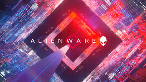 未來城市，帶有霓虹燈和中央的Alienware標誌。
