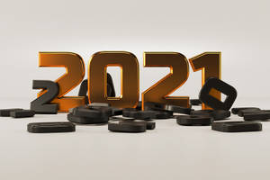 金色3D數字2021，黑色方塊散落在純色背景上。