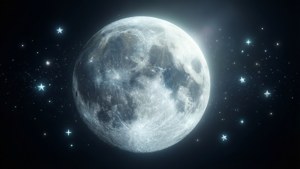 滿月在繁星點點的夜空中閃耀，伴有藍色星星