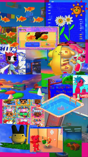 包含卡通角色和魚類的色彩繽紛3D遊戲場景數位拼貼畫。 — 奇怪 GIF 壁紙