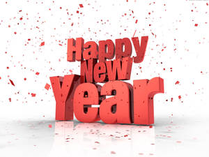 紅色3D Happy New Year文字，帶有落在反光白色表面上的五彩紙屑。