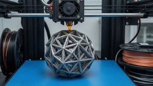3D打印機在藍色平台上用熔融長絲構建一個幾何球體。