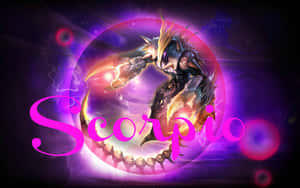 一個在宇宙紫色能量中發光的蝎子戰士，帶有「Scorpio」文字。