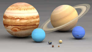 一個3D渲染的行星集合，包括木星和土星及其光環。