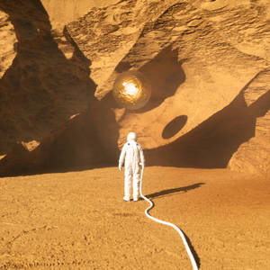 太空人探索火星峽谷，岩石中有發光球體。