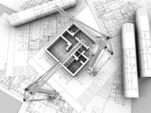 建築藍圖上面有一個3D起重機模型。
