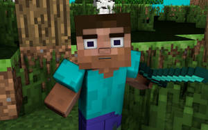 Minecraft角色在草地森林中手持鑽石劍