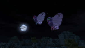 兩隻發光的紫色蝴蝶喺一個Minecraft夜晚場景中飛近一個鑽石方塊。
