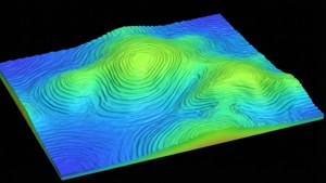 抽象3D地形圖，帶有藍色和綠色的等高線。
