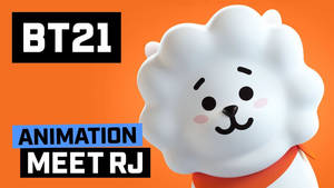 BT21角色戴紅色圍巾在橙色背景上微笑並有文字