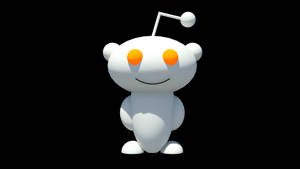 白色卡通外星人吉祥物，有橙色眼睛和天線，在黑色背景上。