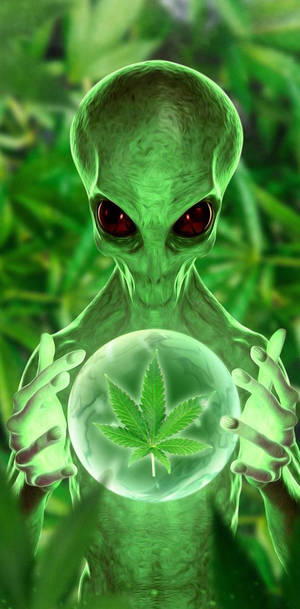 綠色外星人手持一個含有大麻葉的水晶球。