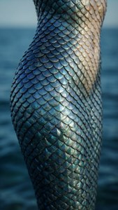 帶有閃爍藍色和金色色調鱗片的美人魚尾巴從海水中升起。