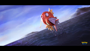 紅色動畫魚在陰天下從海水中躍出。