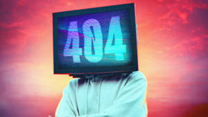 頭部為電視的人顯示404錯誤，背景為日落天空