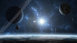 行星和環在充滿星雲的太空空間中繞著一顆明亮恆星運行。