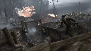 士兵在森林中的爆炸和煙霧中進行戰壕戰。