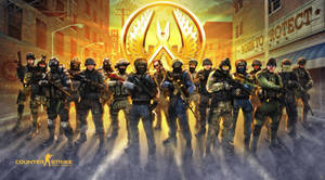 來自 Counter Strike 的戰術小隊站在城市街道上，金色標誌下。
