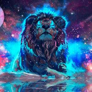 一頭擁有星毛的獅子坐在星雲天空下的宇宙水域中。