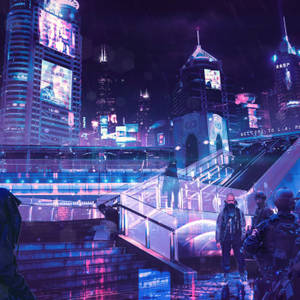 夜晚的未來城市，閃爍的霓虹燈招牌和人們在潮濕的街道上行走。