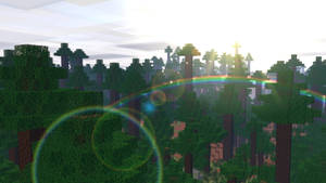 Minecraft遊戲世界中帶有彩虹和日出的像素化森林。