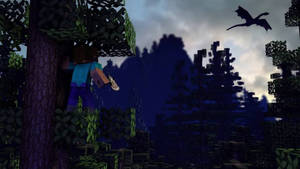 Minecraft玩家在黑暗森林中夜晚爬樹，龍在飛翔。