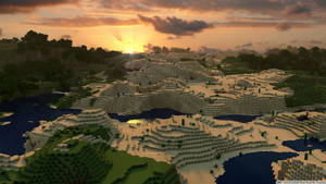 日落時分的塊狀Minecraft世界，有山脈、河流和森林。