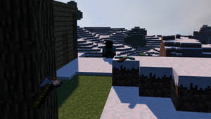 Minecraft玩家在積雪屋頂上與方塊山