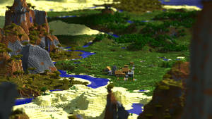 一個以方塊像素藝術風格呈現的Minecraft世界，包含山脈、河流和村莊。