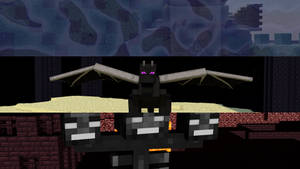 一隻像素化的蝙蝠，擁有發光的眼睛，棲息在Minecraft的塊狀岩架上。