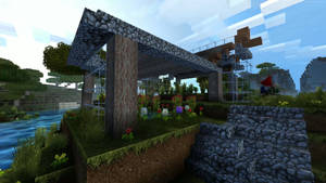 Minecraft房屋，石頭屋頂和木柱，河邊有色彩繽紛的花朵和樹木。