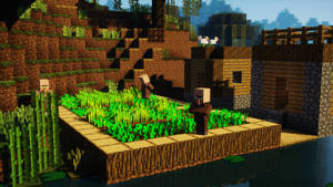 Minecraft村民在水邊木屋附近耕種