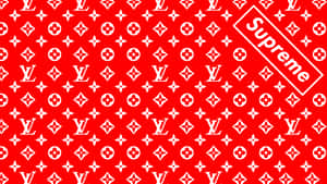 紅色背景，帶有白色Louis Vuitton字母組合和對角線Supreme標誌。