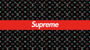 紅色Supreme標誌在故障效果Louis Vuitton字母組合圖案背景上。