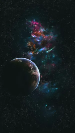 行星在星空宇宙中色彩繽紛的宇宙星雲旁邊