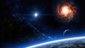 一顆帶有藍色大氣的行星在一顆明亮的恆星和一個紅色螺旋星系附近運行。