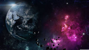 地球與粉紅色星雲及小行星的太空景象