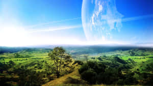 日落時分，天空中有巨大行星的鬱鬱蔥蔥的山谷。