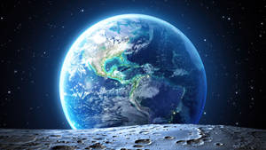 從月球表面觀看地球，背景有星星。